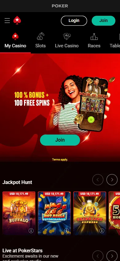 PokerStars Casino games area on mobile