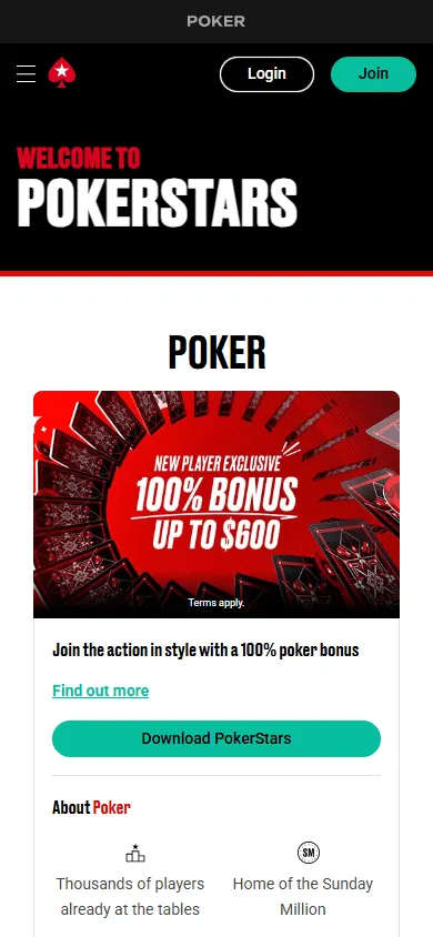 PokerStars Casino home page on mobile