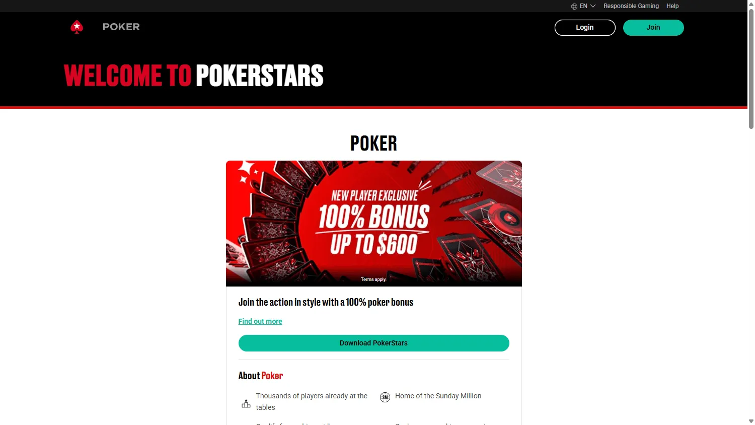 PokerStars Casino home page on desktop